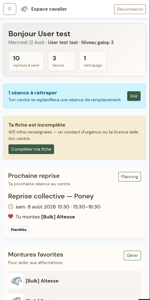 Sa prochaine reprise en un coup d’œil — espace cavalier Equi-Web