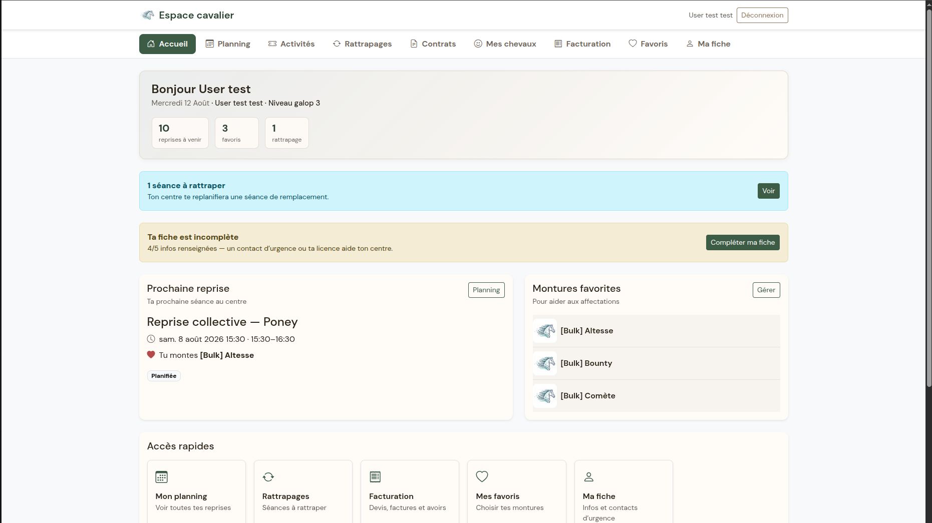 Espace cavalier Equi-Web — tableau de bord desktop