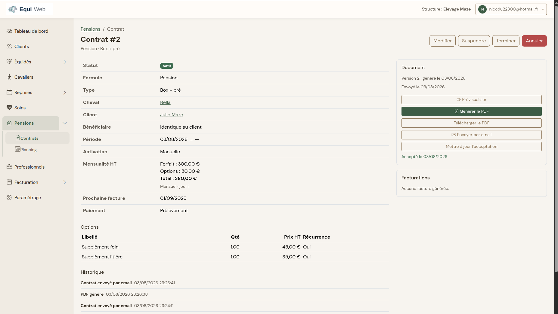 Fiche contrat de pension Equi-Web